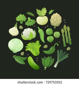 Fresh green vegetables arranged in circle on dark background. Vector illustration.