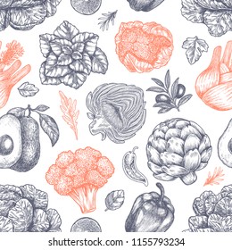 Fresh green vegetables seamless pattern. Handsketched vintage vegetables. Line art illustration. Vector illustration