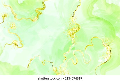 Fresh green watercolor background with splatters and with golden texture .Marble surface. Mint color texture and paint splash.Spring wedding invitation.