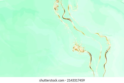 Fresh green watercolor background with splatters and spot .Marble surface. Mint color texture and paint splash.Spring wedding invitation.