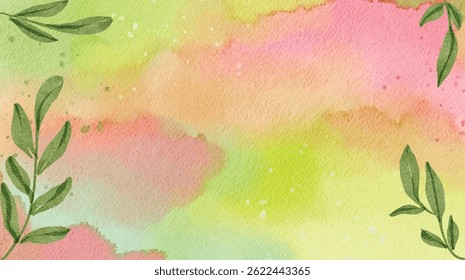 Fresh green watercolor leaves on a soft pastel background with pink and peach tones, ideal for eco-friendly design, nature themes, or invitations