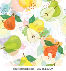 Fresh green whole and half pear, leaves, fruits on a white background. Doodle seamless texture. Minimal style. Vector handwriting illustration. Hand-drawn. Vegetarian food. Healthy eating Set.