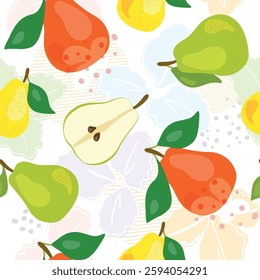 Fresh green whole and half pear, leaves, fruits on a white background. Doodle seamless texture. Minimal style. Vector handwriting illustration. Hand-drawn. Vegetarian food. Healthy eating Set.