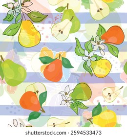 Fresh green whole and half pear, leaves, fruits on a white background. Doodle seamless texture. Minimal style. Vector handwriting illustration. Hand-drawn. Vegetarian food. Healthy eating Set.