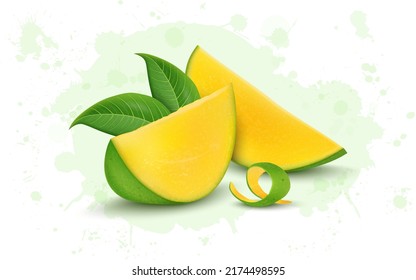 Ilustración del vector de mango verde y amarillo fresco con hoja verde