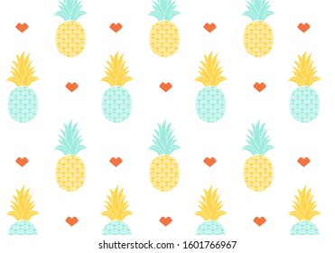 Fresh Green Yellow Pineapples Vector Repeat Seamless Pattern. with cute Heart on White background. Great for fabric, packaging, wallpaper, invitations.
