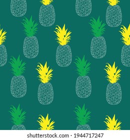 Fresh Green Yellow Pineapples Vector Repeat Seamless Pattern in Green and Yellow Colors. Great for fabric, print, packaging, wallpaper, invitations, giftwrap.