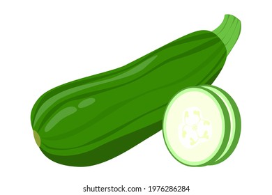 fresh green zucchini and cutted slice isolated on white background.