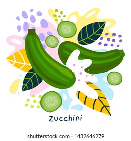 Fresh green zucchini vegetable juice splash organic food juicy vegetables splatter on abstract coloful splatter splash background vector hand drawn illustrations