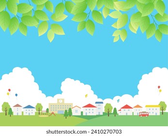 Fresh greenery and cityscape frame background