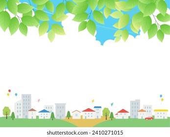 Fresh greenery and cityscape frame background