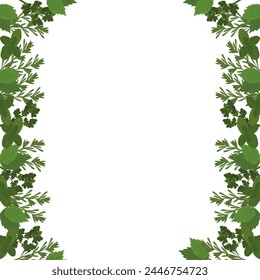 Fresh greens frame concept of healthy eating. Mint rosemary and parsley. Menu design cafe, restaurant, flyer, poster. Vector illustration.