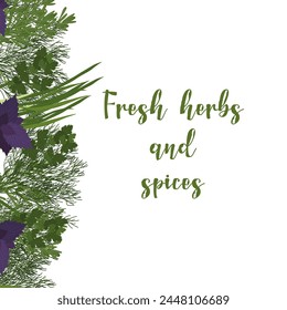 Fresh greens frame concept of healthy eating. Menu design cafe, restaurant, flyer, poster. Vector illustration.