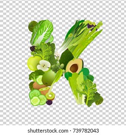 Fresh greens, vegeetables and fruits highest in vitamin K composing K letter shape. Nutrition and healthy eating concept. Beautiful vector illustration isolated on a transparent background.