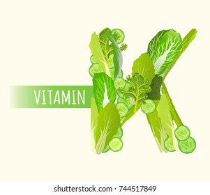 Fresh greens and vegeetables highest in vitamin K composing K letter shape. Nutrition and healthy eating concept. Beautiful vector illustration isolated on a light background.