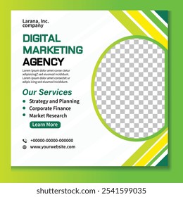 Plantilla de redes sociales fresca y de temática verde para agencias de marketing digital. Cuenta con servicios, datos de contacto y marcador de posición de fotos. Perfecto para la marca de negocios.