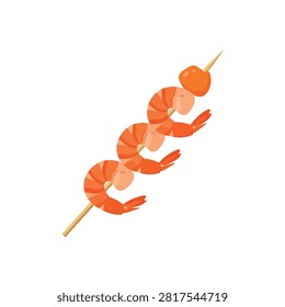 Fresh Grilled Shrimp Skewer with Three Shrimps and a Tomato Isolated on White Background Vector