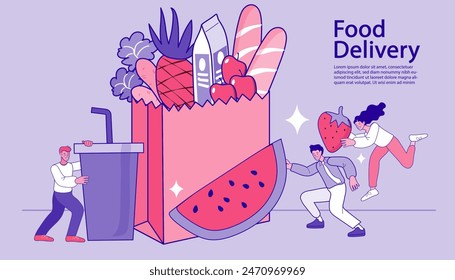Fresh Groceries Food delivery. E-commerce advertising illustration. fast online delivery service. Woman uses online shopping services. Internet digital store scene. Vector