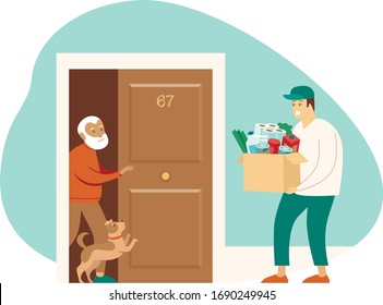 Fresh Groceries And Food Delivery For Elderly People. Old Senior  Senior Man Receiving Parcel. Meal Basket As Social Help And Support. Volunteerism. Online Order Service During Quarantine 