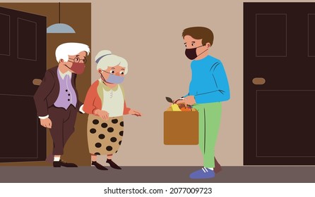 Fresh Groceries And Food Delivery For Elderly People. Old Senior Man And Woman Family Couple Receiving Parcel. Meal Basket As Social Help And Support. Volunteerism. Online Order Service
