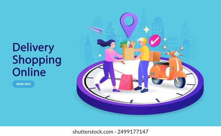 Fresh Groceries Food Delivery. Online shopping services. Smartphone marketing and e-commerce concept. shopping box with groceries. Shopping on social networks through phone flat design style. Vector