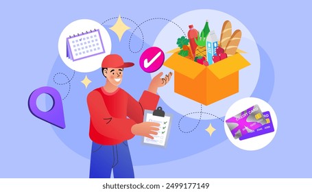 Fresh Groceries Food Delivery. Online shopping services. Smartphone marketing and e-commerce concept. shopping box with groceries. Shopping on social networks through phone flat design style. Vector