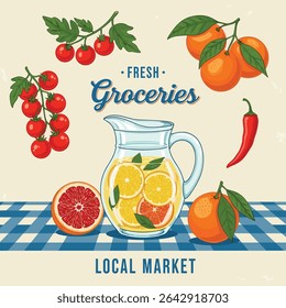 Fresh groceries in local market slogan . orange, lemon, chil tomato mixe together in local market . color separation screen print food fashion graphics. lemon juice vector. food print t shirt design
