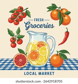 Fresh groceries in local market slogan . orange, lemon, chil tomato mixe together in local market . color separation screen print food fashion graphics. lemon juice vector. food print t shirt design