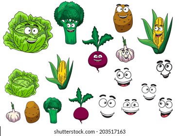 Fresh grocery vegetables set with a lettuce, broccoli, potato, garlic, beetroot and corn on the cob all with happy smiling cartoon faces