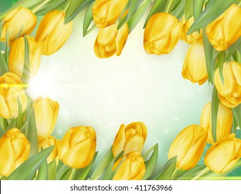 Fresh growing tulips in garden on green background. EPS 10 vector