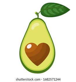Fresh half avocado with heart isolated on white background. Summer fruits for healthy lifestyle. Organic fruit. Cartoon style. Vector illustration for any design.