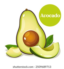 Fresh half avocado illustration with cutted slices, cubes and fresh leaves behind.