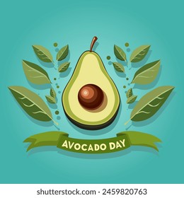 Fresh half cut green avocado with leaves and text. Banner for Avocado Day. Side view vector clipart isolated on blue background. Summer food illustration in flat style for design for party