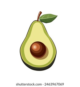 Fresh half cut green avocado with leaf isolated on white background. Side view vector clipart. Food illustration in flat style. Summer clipart for design of card, banner, flyer, sale, poster for party