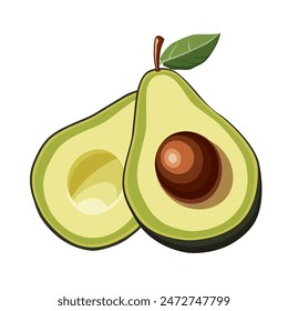 Fresh half cut green seedless avocado with leaf isolated on white background. Side view vector clipart. Food illustration in flat style. Summer clipart for design of card, banner, flyer, sale, poster 