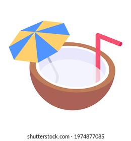 A fresh half cut tropical fruit having straw in it, coconut water isometric icon