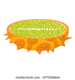 Fresh half cut yellow kiwano fruit isolated on white background. Summer fruits for healthy lifestyle. Organic fruit. Cartoon style. Vector illustration for any design.