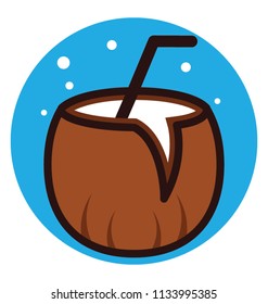 A fresh half cutted tropical fruit  having straw in it for drink its water, coconut water 