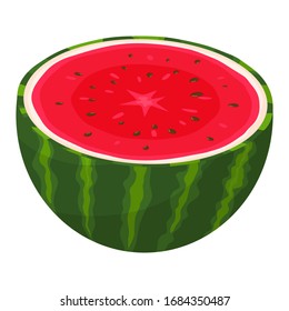 Medio fruta fresca de sandía aislada en fondo blanco. Frutas de verano para un estilo de vida saludable. Fruta orgánica. Estilo de caricatura. Ilustración vectorial para cualquier diseño.