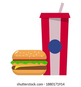 Fresh hamburger and red plastic cup for cold drink. Vector EPS10 flat icon illustration on isolated white background. 