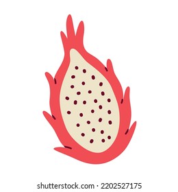 Fresh hand drawn dragon fruit doodle icon, vector illustration of pitaya or pitahaya fruit with seeds, isolated colored clipart on white background, healthy organic food, colored exotic fresh fruit