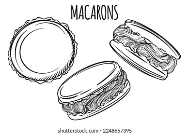 Fresh hand drawn french macarons for bakery or pastry shop. Vector outline sketch black isolated illustration.