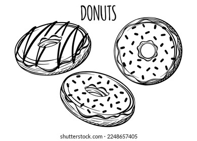 Fresh hand drawn icing donuts for bakery or pastry shop. Vector outline sketch black isolated illustration.