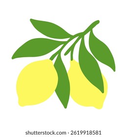 Fresh hand drawn lemon branch illustration featuring whole lemons and lush green leaves. Bright citrus artwork perfect for kitchen decor, summer designs, organic product branding