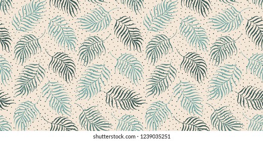 Fresh hand drawn palm leaf pattern. Weamless vector repeat in varied green shades on light spotted background. Trendy minimal illustration style. Great for fabrics, surfaces, paper products etc.