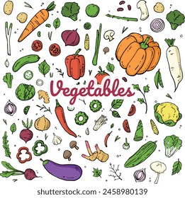 Fresh Hand Drawn Vegetables Vintage Doodles Colored Bundle Set Collection