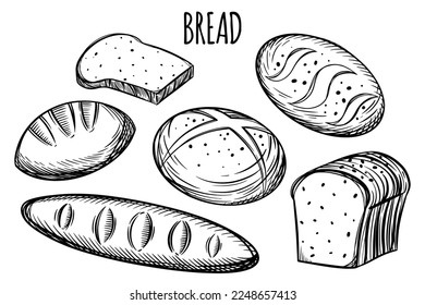 Pan blanco recién hecho a mano, pan entero de grano, baguette y bollos para panadería o pastelería. Esbozo del contorno del vector ilustración aislada negra.