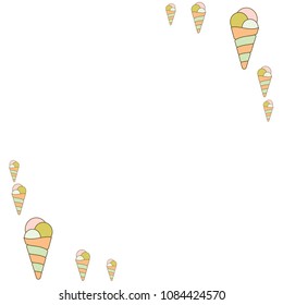 Fresh hand drown ice cream cone frame.  Vector ice cream horn border isolated on white backdrop. Waffle dessert frame in pink, orange and green colors for fashion design purposes bezel print.