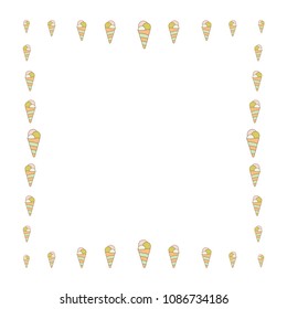 Fresh hand drown ice cream cone frame.  Vector ice cream horn border isolated on white background. Waffle dessert frame in orange, pink and grey colors for fashion fashion textile bezel print.