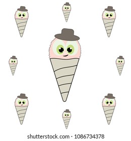 Fresh hand drown ice cream cone element. Vector ice cream horn symbols isolated on white background.  Waffle dessert icon ornament in pink, brow and green colors for fashion paper print.